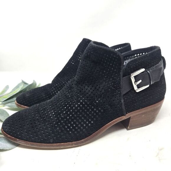 SAM EDELMAN Perforated Low Heel Black Suede Booties 7.5 - Picture 2 of 10